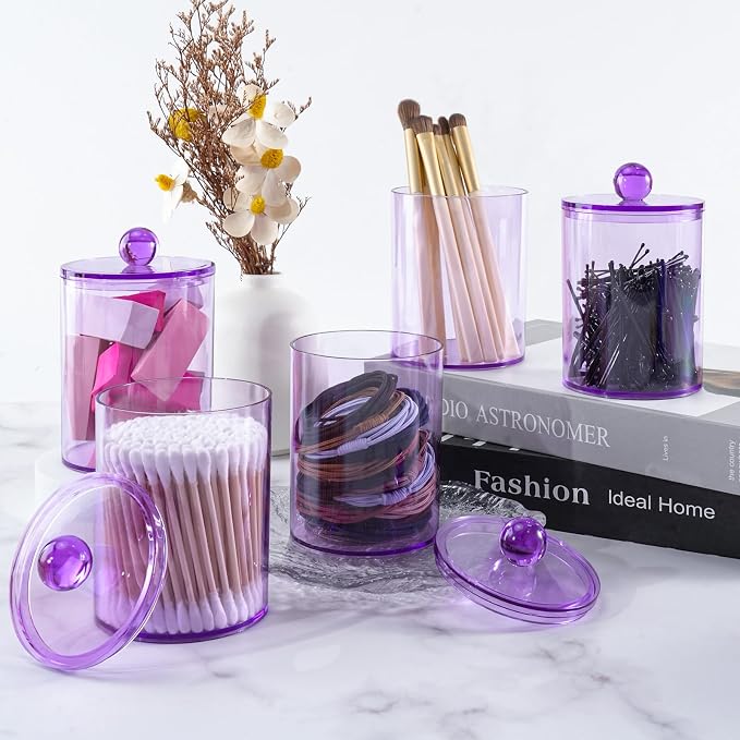 4 Pcs Acrylic Qtip Holder, Cotton Ball Holder Jars with Lids, Purple | Apothecary Jars for Cotton Swabs, Balls, Pads and Floss Picks, Bathroom Vanity Organizer