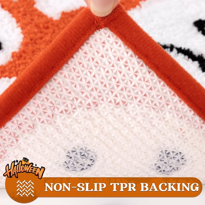 Pauwer Halloween Bathroom Rugs Sets 3 Piece, Fall Bath Mats, Orange Ghost | Spooky, Microfiber, U-Shaped Contour Toilet Rug, Soft Plush Absorbent, Quick Dry, Non Slip Washable Bath Mat Set