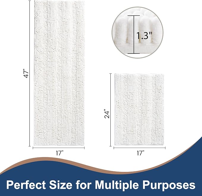 Non Slip Thick Shaggy Chenille Bathroom Rug Sets 2 Piece, Thickened Hot Melt Rubber Bottom Bath Mats for Bathroom, Bath Rugs Quick Dry Machine Washable for Shower (White, 47"x17" Plus 17"x24")