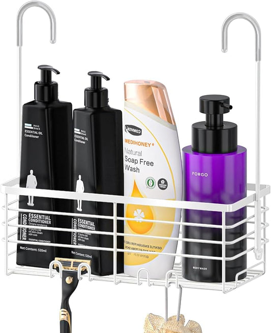 SHANSHUI Shower Caddy Hanging Bathroom Organizer Basket, Shampoo Bracket, Over Door Showers Caddy with Hooks, 304 Stainless Steel Rust Proof Rack- White