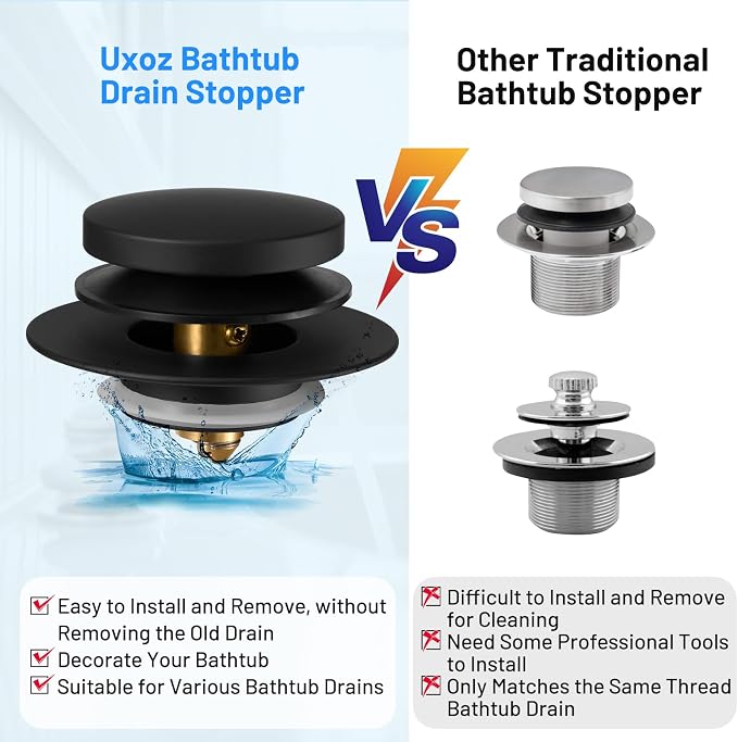 Bathtub Drain Stopper, Tub Plug for 1.5"-1.72" Regular Drains | Universal Pop Up Tub Stopper Replacement for Tip Toe/Trip Lever/Lift&Turn Tub Drains, 3 O-Rings, Black
