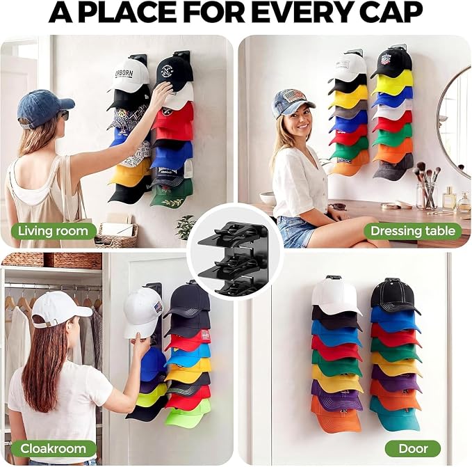 DIY 2Pack Hat Organizer – Holds 36 Hats, Adjustable Clips, Adhesive or Screw Mount, for Baseball Caps & Snapbacks, Space-Saving Cap Holder & Hat Storage Wall Rack for Closet & Door, Black