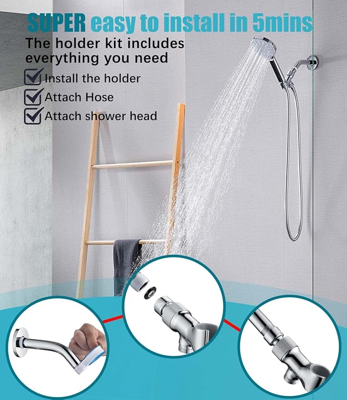 All Metal Handheld Shower Head Holders, 1/2" Shower Hose Holder Fits Most Hand Showerheads, Brass Hand Held Shower Head Holder Adjustable Shower Arm Mount, Easy to Install(Chrome)