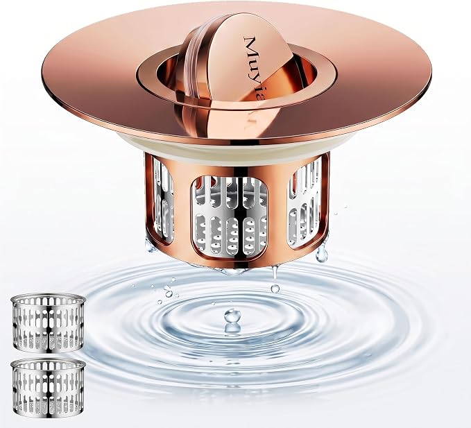 3-in-1 Flip-Cover Bathtub Drain Stopper, Muyiajou, Flush Design, Flip-Cover (No Springs), 2 Strainers, Fits 1.4"-2.6" Drains, Rustproof, Tool-Free（Rose Gold）