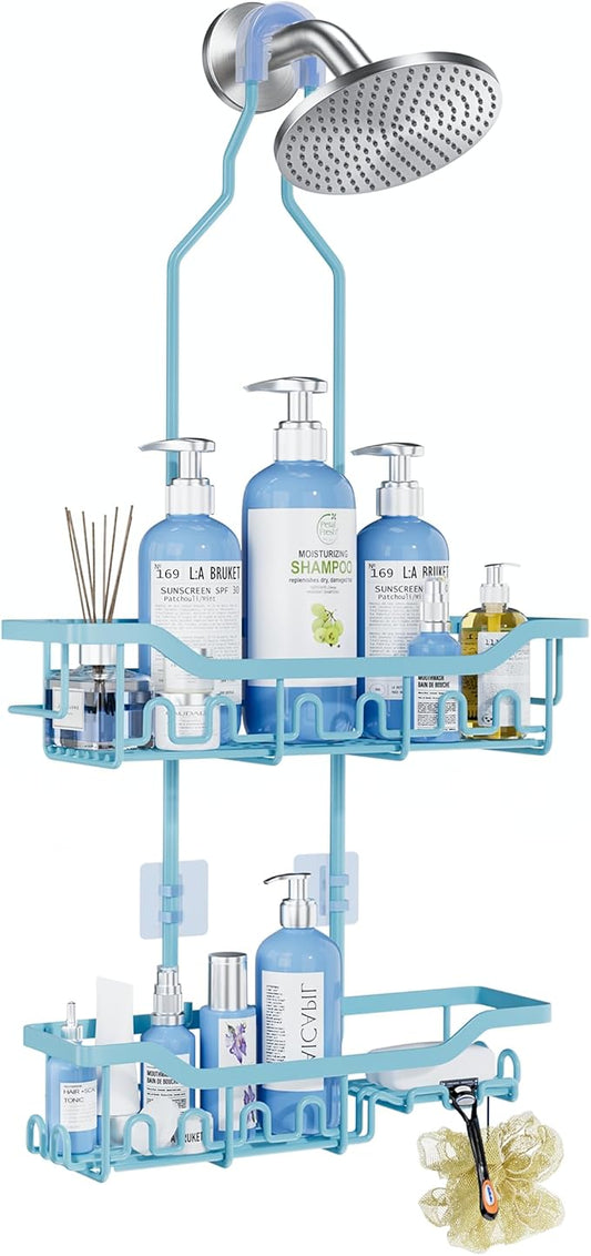 Upgraded Extended Length Shower Organizer with Hooks, Rustproof Shampoo Soap Holder, Large Hanging Bathroom Caddy, Blue