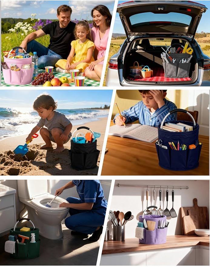 Cleaning Caddy with Handle, Cleaning Products Organiser, Foldable Storage Basket, Large Supply Organiser 17L with 6 Pockets, Portable Cleaning Caddy for Home & Garden (Green)