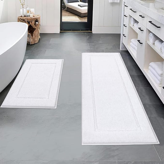 Pauwer Bathroom Rugs Sets 2 Piece, Non Slip Washable Bath Mat, White | Soft Plush Microfiber, Super Absorbent Floor Carpet, Quick Dry, Shaggy Shower Rug Runner