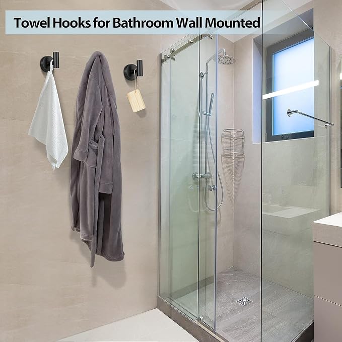 Kruodop Towel Hooks for Bathroom,2 Packs Wall Mount Towel Holder,Black Matte Wall Robe Hook,Stainless Steel Heavy Duty Door Hanger Towel Hook for Kitchen, Bedroom,Hotel,Pool,Coats