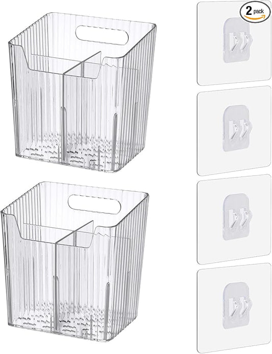 Set Of 2 Storage Organizer Bins Wall Mounted Shower Caddy, Bathroom shelves Stackable Clear Plastic Toothbrush Holder Adhesive Hanging Bin for Bathroom, Kitchen, Cabinet, Shower BPA Free Small (Clear)