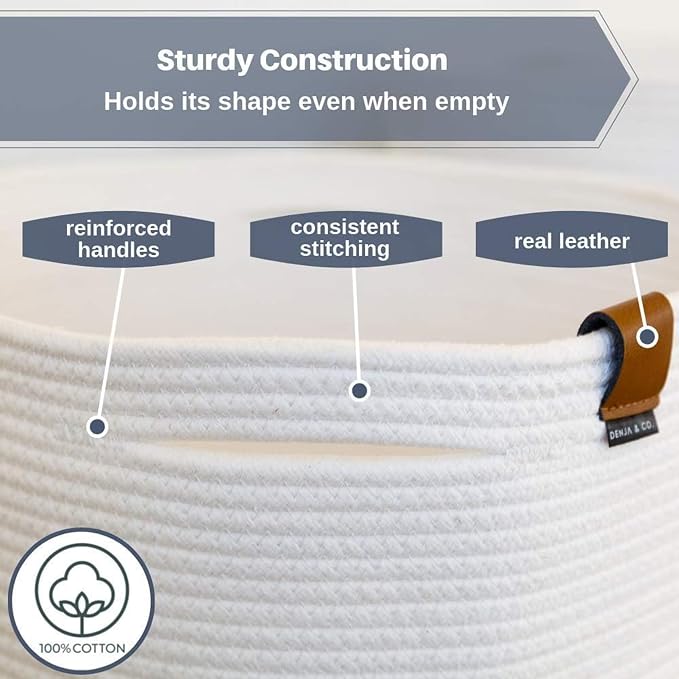 DENJA & CO Extra Large Blanket Basket for Living Room - White Farmhouse Woven Baskets for Storage | Cotton Rope Large Baskets for Blankets, Pillows, Toys, or Laundry | Ivory White (21" Wide x 13.8" Tall)