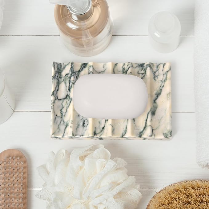 Luxury Marble Soap Dish Tray,Rectangle Stone Marble Soap Tray,Self Draining Soap Holder for Bathroom, Kitchen (Green Texture)