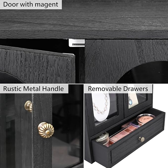 Ikee Design Wooden Countertop Storage Cabinet with Magnetic Door, Adjustable Shelves, Removable Hooks and Drawer for Perfume, Makeup, Pantry, Black Color, 12.2 W x 6 D x 15.7 H in