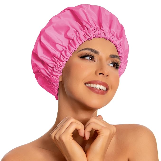 Edoneery Shower Caps for Women Reusable Waterproof, Shower Hair Cap | Washable Bonnet, Wide Elastic Band, Large Fit, Holds Long Hair, Braids Friendly, Bath Accessories, Spa, Travel
