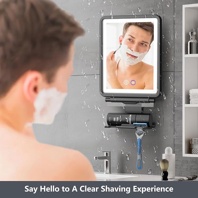 Heated Shower Mirror Fogless for Shaving, Anti-Fog Mirror for Shower | 3 Colors Stepless Dimmable Lights, 5000mAh Rechargeable Battery with Razor Holder, No-Drilling, Light Memory Function
