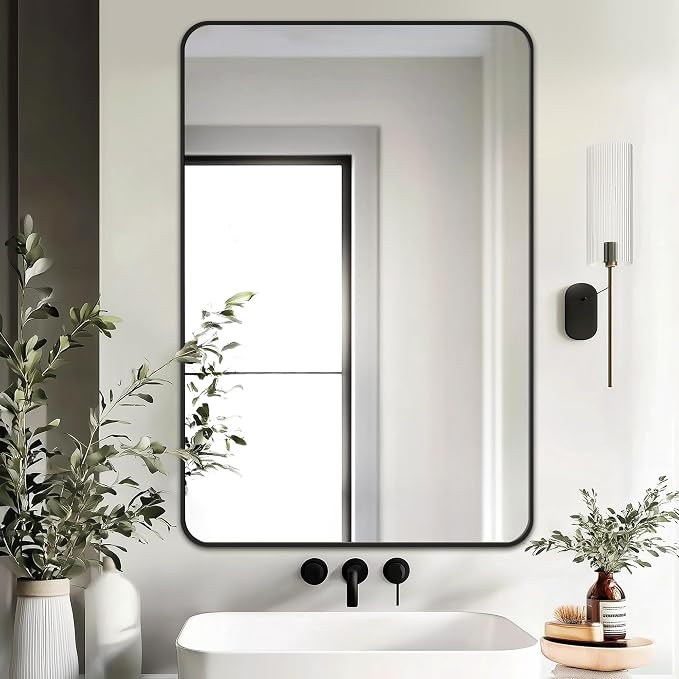 Delma Bathroom Vanity Mirror, Black Framed Mirror for Over Sink, 36x24 | HD glass, distortion-free for makeup and grooming, Sturdy frame, all mounting hardware, hangs horizontal or vertical