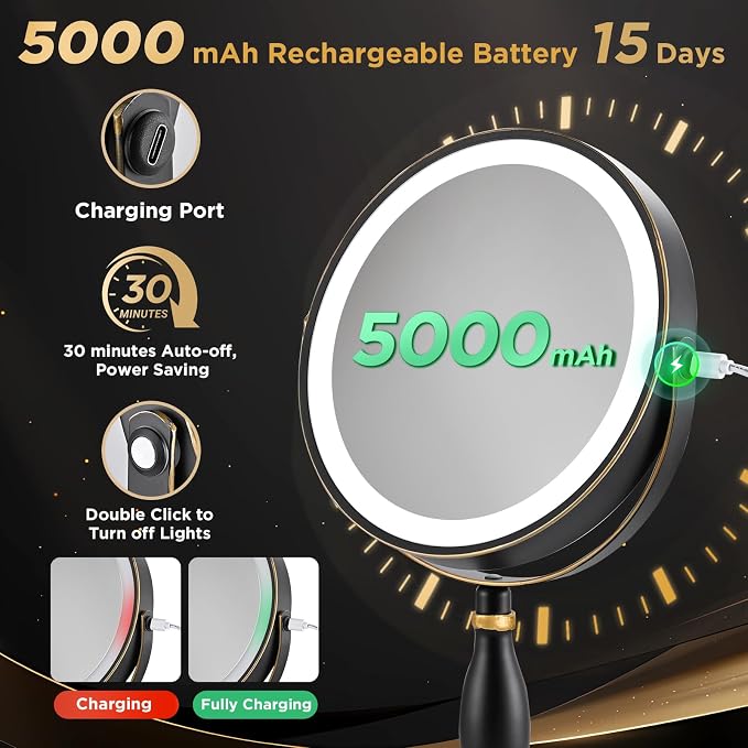 Lighted Makeup Mirror, 20x Magnifying - Matte Black with Gold Trim | Rechargeable Double Side Vanity Mirror, 3 Colors with Brightness Adjustable, Modern Style Side Touch & Charge, Women Gift