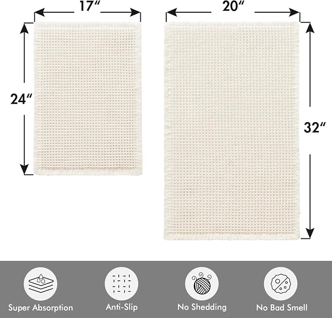 MIULEE Set of 2 Waffle Bathroom Rugs Cream White Bath Mat 17"x24"+20"x32" | Non Slip, Super Absorbent, Washable, Ultra Soft, Rubber Backed Bath Rugs for Bathroom Floor Tub Shower, Boho Decor