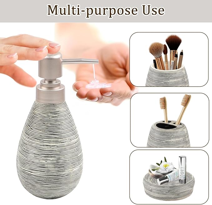 CERBIOR Bathroom Accessories Set,4 PCS Ceramic Bath Accessory,Grey | Includes Toothbrush Holder, Toothbrush Cup, Soap Dish for Decorative Countertop and Housewarming Gift