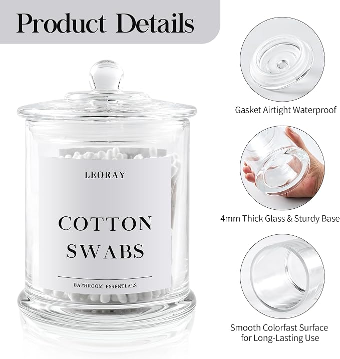 LEORAY 4 Pack Glass Qtip Holder Dispenser with Lids, Airtight Waterproof Apothecary Jars, 16 Oz Vanity Organizer Bathroom Canisters for Cotton Swabs, Balls, Pads, Floss Picks, Transparent