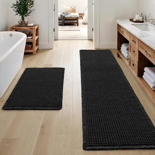 MIULEE Set of 2 Waffle Bathroom Rugs Boho Bath Mat Black 17"x24"+17"x48" | Non Slip, Super Absorbent, Washable, Ultra Soft, Rubber Backed, Small Bath Rug and Bathroom Runner for Floor Tub Shower