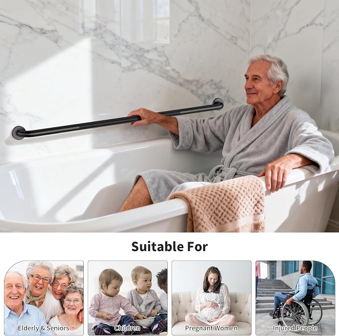 48 Inch Anti Slip Shower Grab Bar, Munzong Bathroom Grab Bar for Showers, Black Knurled Handicap Balance Bar,Safety Hand Rail Support Elderly Senior Assist Bath Handle