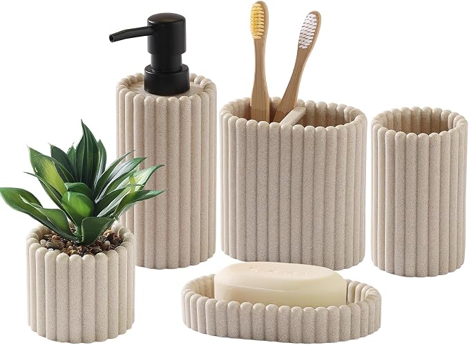 Bathroom Accessories Set,Sandstone Look Beige, Thick Stripe, 5 PCS | Modern, Minimalist, Included 13.5 OZ Soap Dispenser, Toothbrush Holder, Tumbler, Bar Soap Holder, Faux Potted Plant