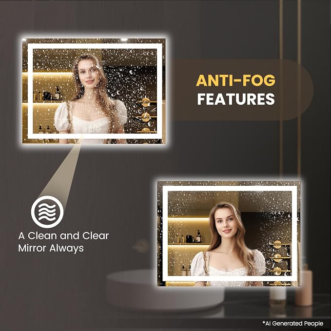 LOAAO 52"X36" LED Bathroom Mirror with Lights, UL Listed | Anti-Fog, Dimmable, 3 Color Temperature, Backlit + Front Lit, Memory Function, Tempered Glass