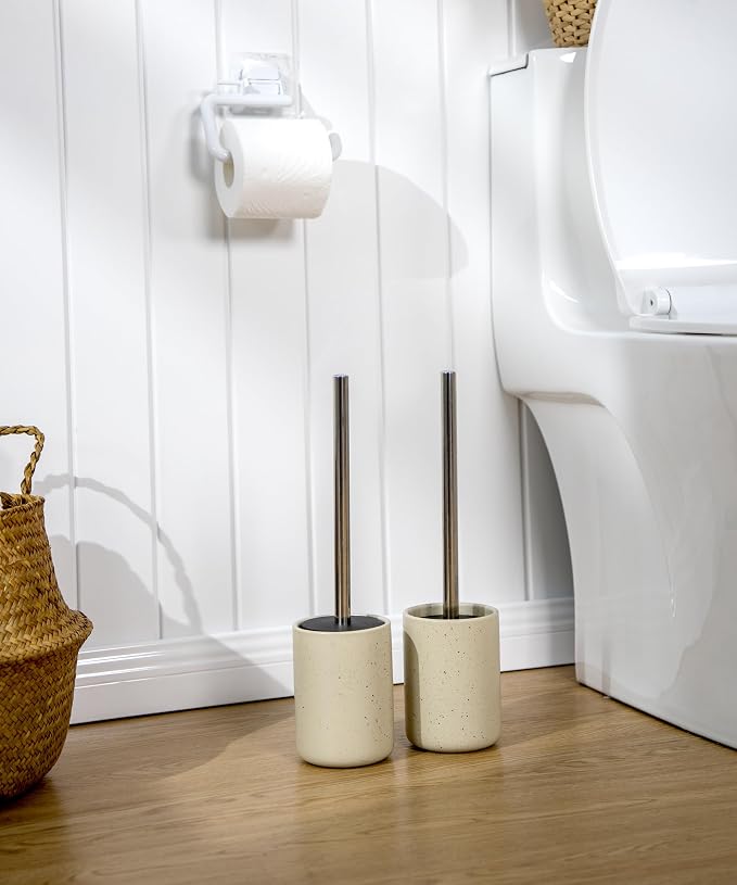 Ceramic Toilet Brush and Holder Set, Toilet Bowl Cleaner Brush | Freestanding Deep-Cleaning, Stainless Steel Handle, Small & Sturdy for Storage, Easy to Clean, Non-Scratching
