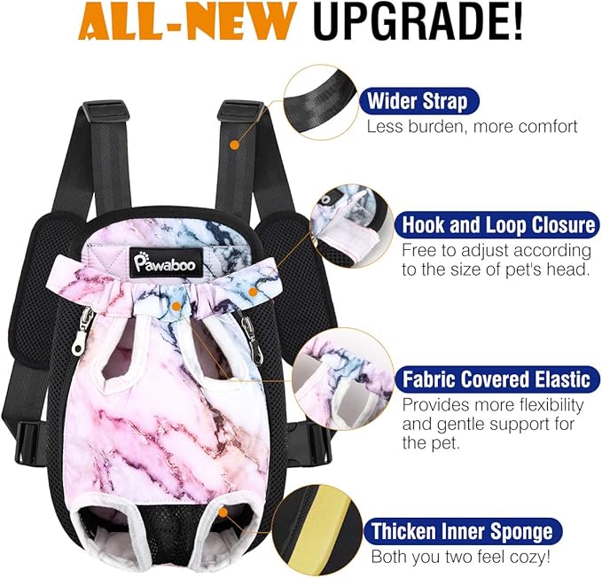 Pawaboo Pet Front Carrier Backpack for Small Medium Dogs | Legs Out Easy-fit,Adjustable Straps,Hands-Free,Soft Padded Support for Travel Hiking Cycling Camping,Purple Marble,M