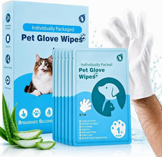 Pet Grooming Glove Wipes 6PC Unscented Hypoallergenic | Extra Thick Bathing Gloves with Aloe & Glycerin for Dogs & Cats Rinse-Free Deodorizing Wipes for Portable Travel Daily Care