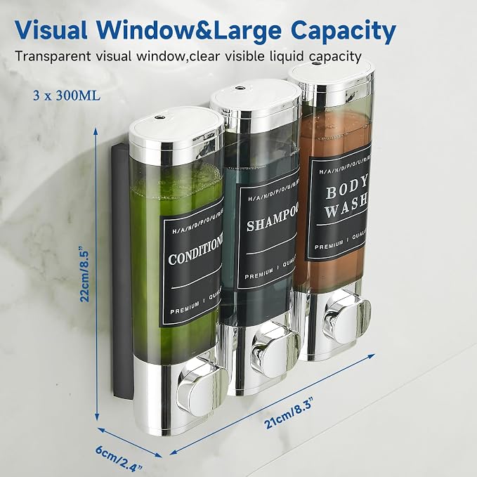 Shower Shampoo Dispenser 3 Chamber No Drill Wall-Mounted,Shampoo and Conditioner Dispenser Shampoo for Shower Wall Mounted Body Wash for Bathroom,Chrome