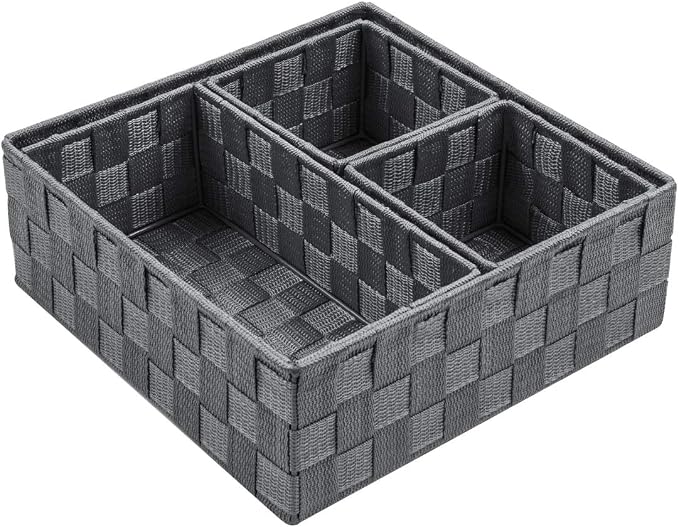 Posprica Woven Storage Baskets for Organizing, Small Baskets Cube Bin Container Tote Organizer Divider for Drawer, Closet, Shelf, Dresser, Set of 4(Dark Grey)