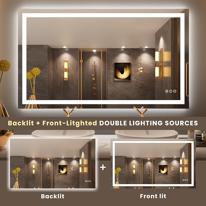 LOAAO 50"X30" LED Bathroom Mirror with Lights, UL Listed | Anti-Fog, Dimmable, 3 Color Temperature, Backlit + Front Lit, Memory Function, Tempered Glass