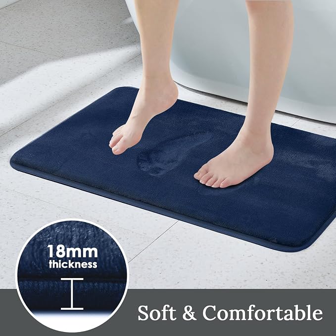 HUXMEYSON 3-Piece Memory Foam Bathroom Rug Set, Navy | Quick Dry Velvet Surface, Non-Slip & PVC Backing, Ultra Soft Bath Rugs for Bathroom, 17"x24"+20"x48"+U Shape 20"x24"