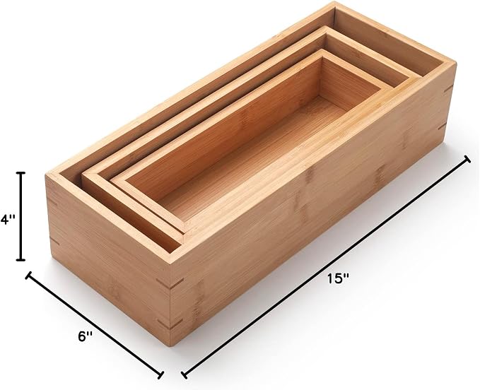 3Pcs Bamboo Bathroom Basket, Wood Bathroom Organizer, Wooden Basket Tray for Counter Toilet Tank Top, Home Decor Wood Box for Toilet Paper Storage