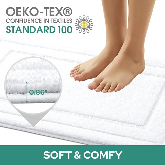 HOMEIDEAS Bathroom Rugs Sets 2 Piece, Super Soft and Absorbent Non Slip Microfiber U-Shaped Toilet Bath Mat Set (20"x32"+U20 x24, White) | Super Soft and Absorbent Non Slip Microfiber Bath Rug，Machine Washable, for Bathroom, 20"x32"+U Shape 20"x24"