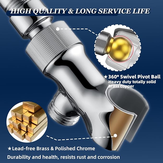 Shower Head Holder All Metal Adjustable Handheld Shower Arm Mount, 1/2" Shower Hose Holder Fits Most Hand Showerheads, Brass Hand Held Shower Head Holder, Easy to Install(Chrome)