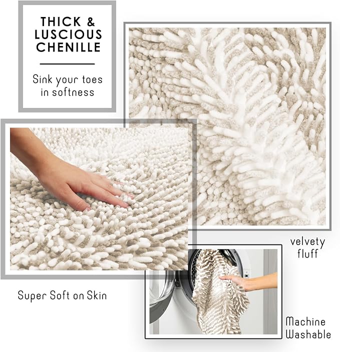 Hearth & Harbor Bathroom Rugs, Chenille Bath Mat - Machine Washable Bath Mats for Bathroom Non-Slip Backing Rubber, Quick Dry Bathroom Mat, 26 x 44 - Ombre Beige