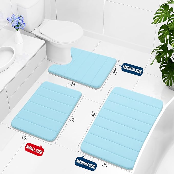 Buganda Memory Foam Bath Mat 70 x 24, Ultra Soft Absorbent Bathroom Rugs | Light Blue, Machine Washable Quick Dry Bath Mats for Bathroom Floor, Shower and Tub, Home Decor Accessories