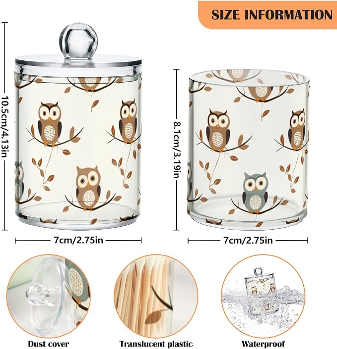 4 Pack Qtip Holder Dispenser Owl Forest Little Animal Cotton Ball Cotton Swab Round Pads Floss Clear Bathroom Storage Containers Plastic Apothecary Jars with Lids