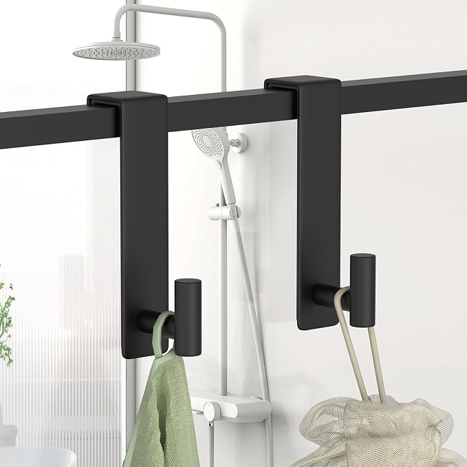HUFEEOH Over The Door Hooks 2-Pack, Heavy Stainless Steel Coat & Towel Rack, No Drilling Scratch-Free Over Door Hanger Dorm Essentials Bathroom Accessories, Fits 1-3/4" Doors (Black) (T Shape)