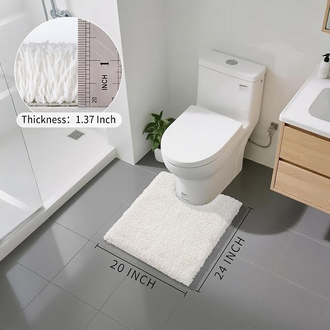 Yimobra U Shaped Toilet Bath Rug, Fluffy Plush, Super Shaggy Soft Non Slip, Water Absorbent Microfiber Bath Mat, Dries Quickly, Machine Washable Thick Bathroom Rugs, 20"X 24", Off White