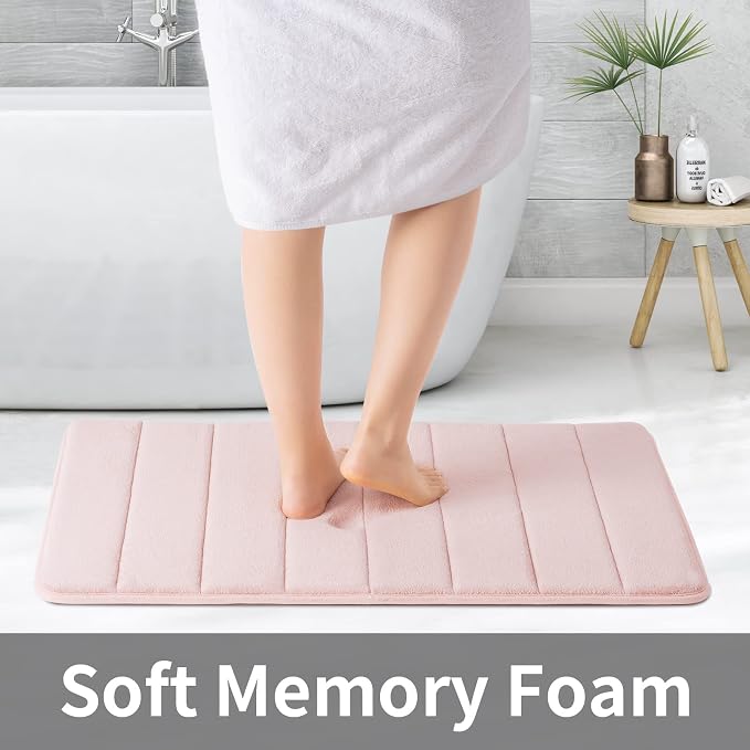 ROSMARUS Memory Foam Bath Mat, 20''x32'', Crystal Pink | Water Absorbent, Ultra Soft, Non Slip, Thick Foam, Bathroom Rugs for Floor & Tub, Machine Washable Care