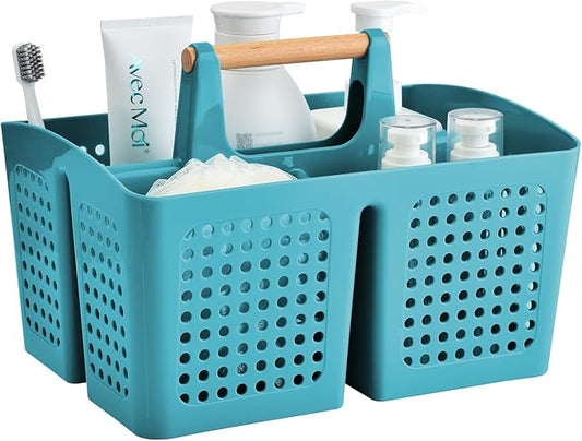 Portable Shower Caddy Basket with Wood Handle, 3-Compartment Bathroom Organizer Tote with Drain Holes, Plastic Shower Basket for Dorm, Toiletries, Cleaning Supplies, Green