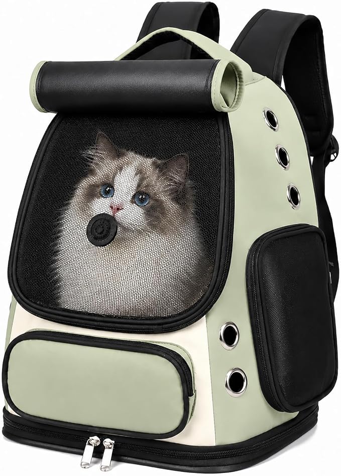Cat Backpack Carrier, TSA Airline Approved Pet Travel Bag for Small Medium Dogs, Ventilated Hiking Camping Backpack for Cats, Kitten and Puppy up to 18 lbs, Green Mesh