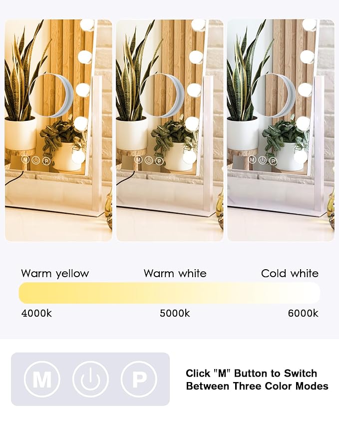 BWLLNI Lighted Makeup Mirror, White Vanity Mirror with Lights,9 LED Bulbs | Hollywood Mirror Touch Control Design 3 Colors Dimable LED Bulbs, Detachable 10X Magnification, 360°Rotation,12" L x 14" W