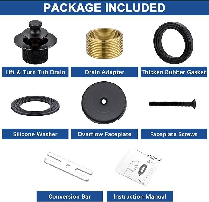 Brass Bathtub Drain Kit, Lift and Turn Tub Drain Kit with Overflow Faceplate, Oil Rubbed Bronze