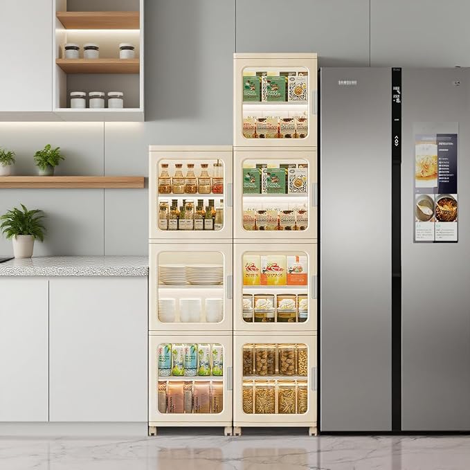 3-Tier Narrow Bathroom Storage Cabinet with Clear Doors and Adjustable Shelves, Plastic Slim Bathroom Organizers and Storage Small Spaces Pantry Kitchen Laundry Room Quick Assembly, Beige
