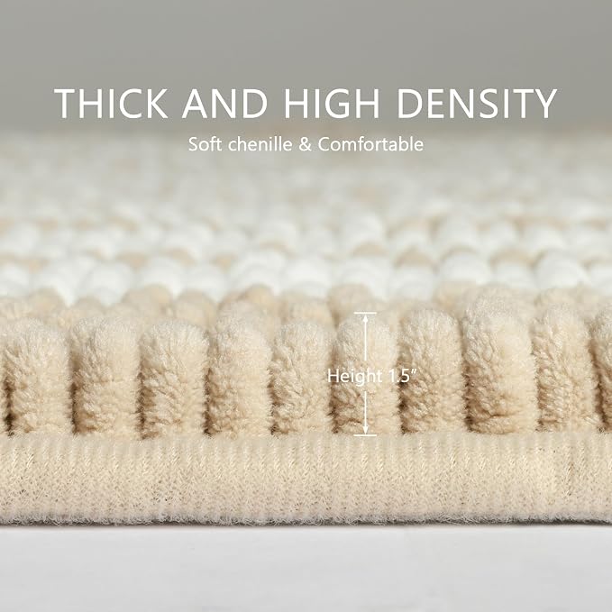 BSICPRO Bathroom Rugs Sets 2 Piece, Non Slip Striped Bath Mats, Khaki | 20"x32" Plus 16"x24"，Soft Absorbent Chenille, Quick Dry Machine Washable, Shower Rug for Bathroom Floor, Tub, Bedroom Decor