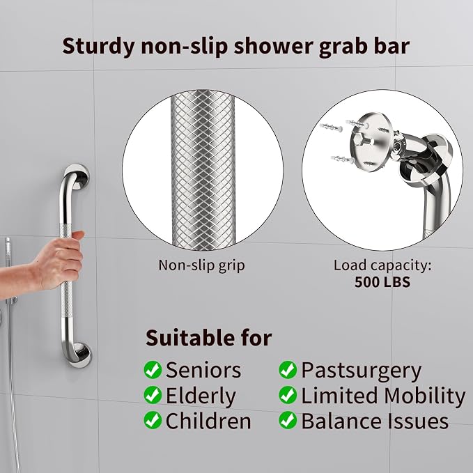 2 Pack 24 Inch Anti Slip Shower Grab Bar Handles, ZUEXT Chrome Stainless Steel Knurled Bathroom Balance Bar, Safety Hand Rail Support,Handicap Elderly Injury Senior Assist Bath Handle(1.25" Diameter)